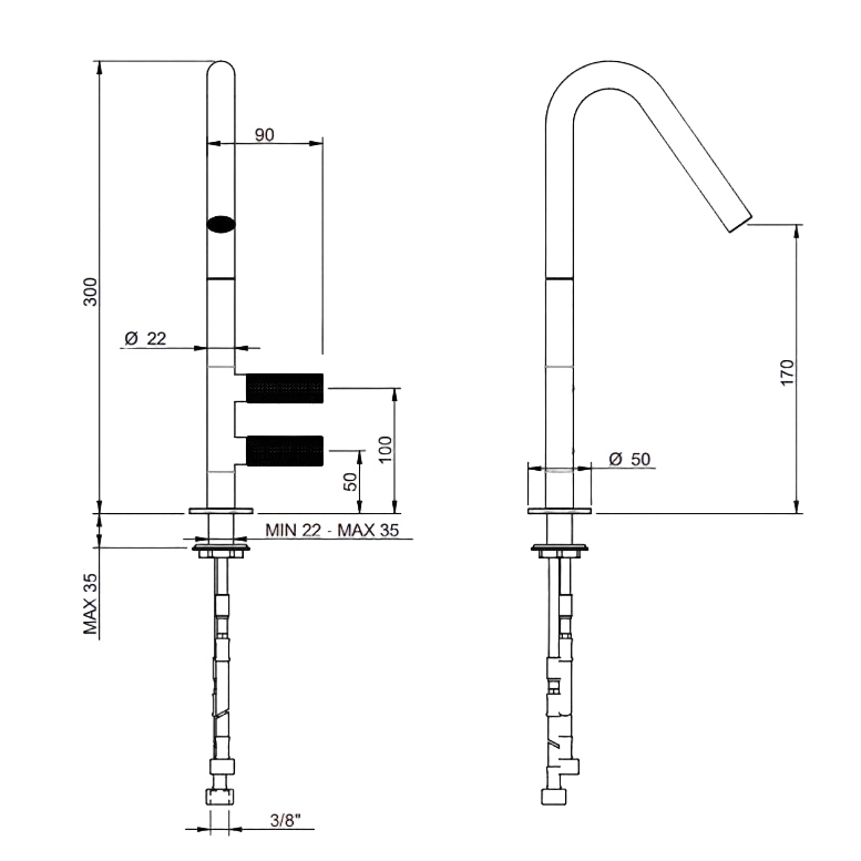 Einlochbatterie Küchenarmatur aus Edelstahl - 22mm
