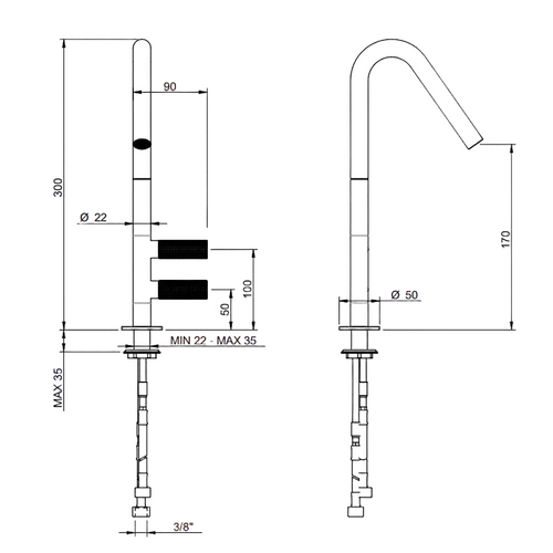 Einlochbatterie Küchenarmatur aus Edelstahl - 22mm
