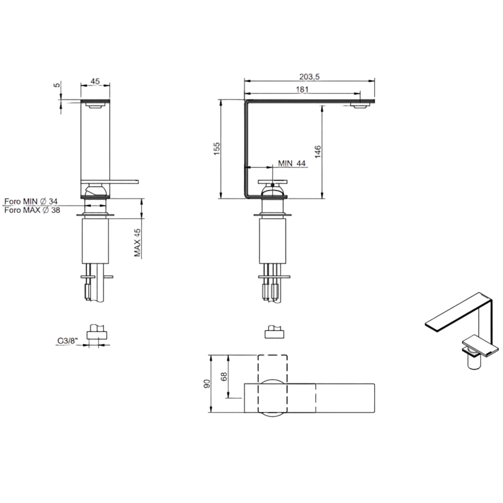 Einhand-Waschtischmischer 146 aus Edelstahl - 5mm